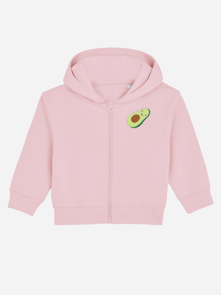 Personalisierbare Bio-Sweatjacke (0–3 J.) 'Avocado' in zartem Rosa mit Avocado-Motiv.