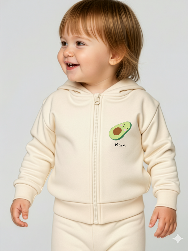 Tragebild: Baby Strickjacke 'Avocado' mit Namen – kreative Geschenkidee zur Geburt