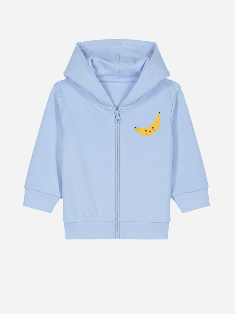 Personalisierbare Bio-Sweatjacke (0–3 J.) in blau mit Banane Motiv für aktive Kinder.