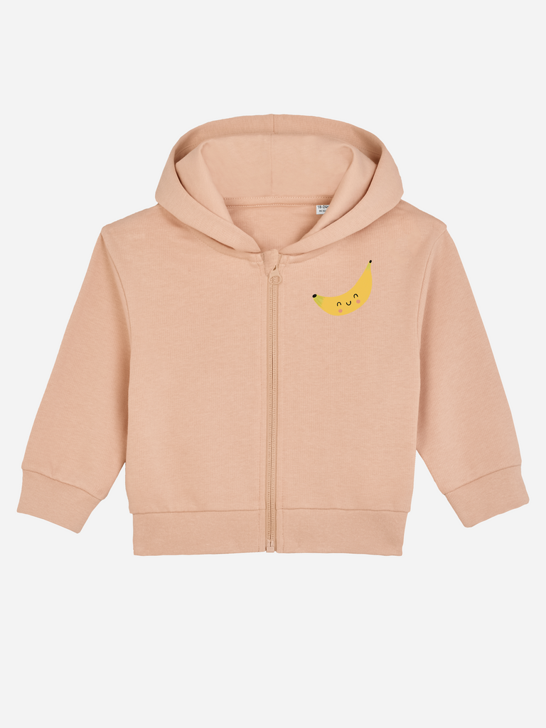 Personalisierbare Bio-Sweatjacke (0–3 J.) 'Banane' in hellem Pfirsich mit gelbem Bananendesign.