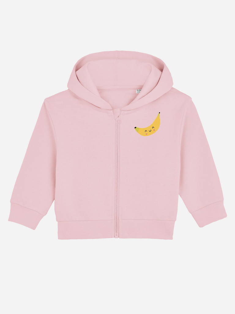 Personalisierbare Bio-Sweatjacke (0–3 J.) 'Banane' in Rosa mit fröhlichem Bananenmuster, ideal für Kita-Start.