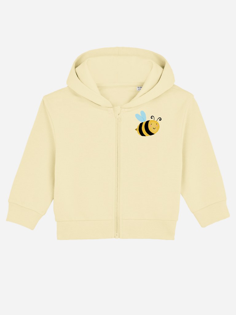 Personalisierbare Bio-Sweatjacke (0–3 J.) 'Biene' mit süßem Bienenmotiv in heller Farbe.