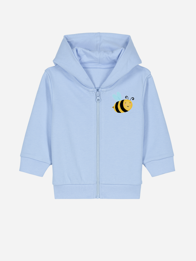Personalisierbare Bio-Sweatjacke (0–3 J.) 'Biene' in himmelblau mit Bienen-Motiv für Kinder.