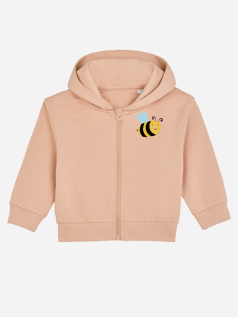 Personalisierbare Bio-Sweatjacke 'Biene' für Kinder (0–3 J.) in sanftem Orange mit süßem Bienenmotiv.