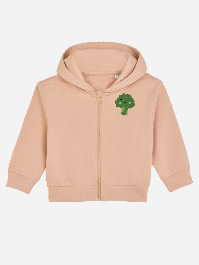 Personalisierbare Bio-Sweatjacke (0–3 J.) 'Brokkoli' in Rosé mit Kapuze und Brokkoli-Motiv.
