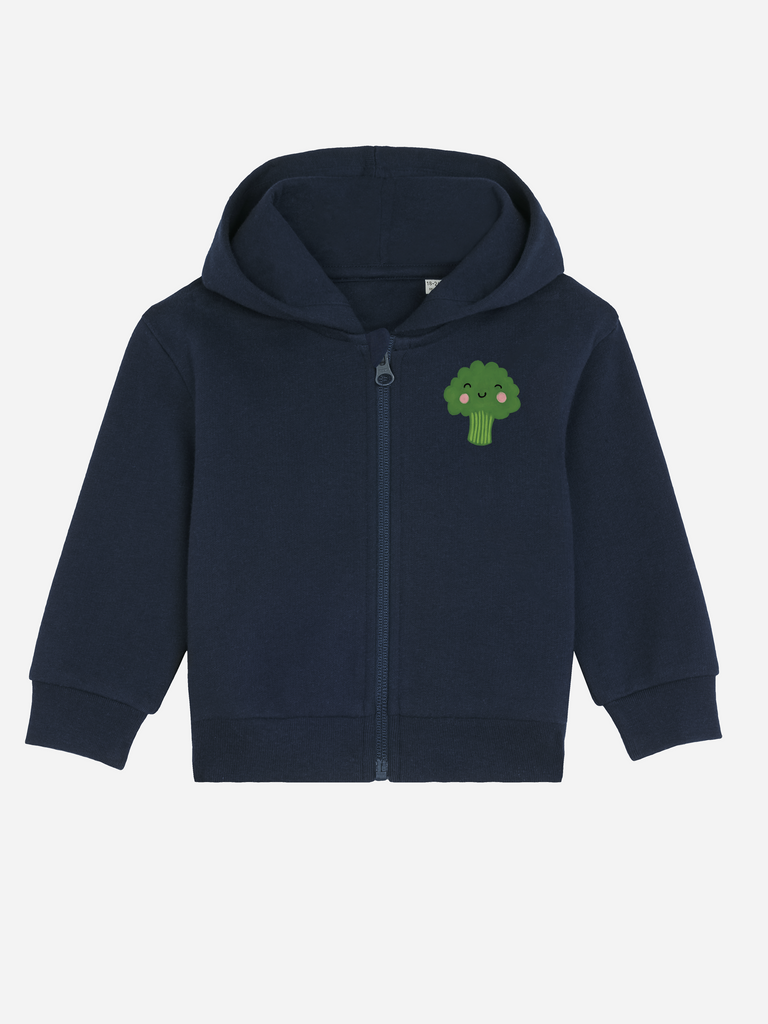 Personalisierbare Bio-Sweatjacke (0–3 J.) in dunkelblau mit Brokkoli-Motiv für Kinder.
