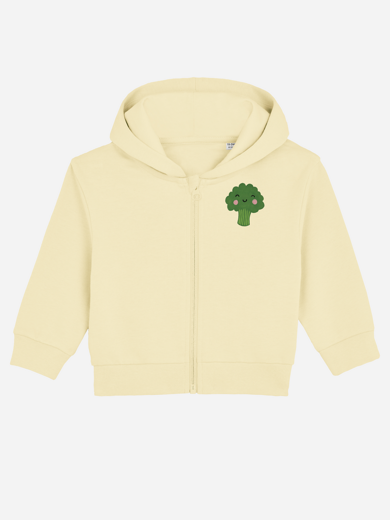Personalisierbare Bio-Sweatjacke (0–3 J.) 'Brokkoli' in gelb mit grüner Brokkoli-Applikation.