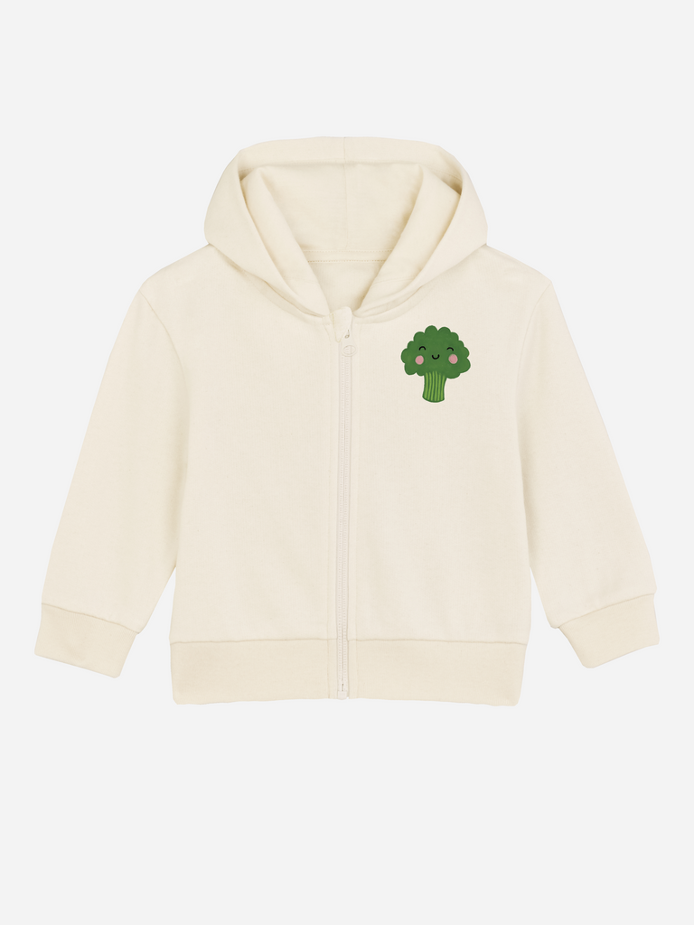 Personalisierbare Bio-Sweatjacke (0–3 J.) 'Brokkoli' in hellem Beige mit niedlichem Brokkoli-Motiv.