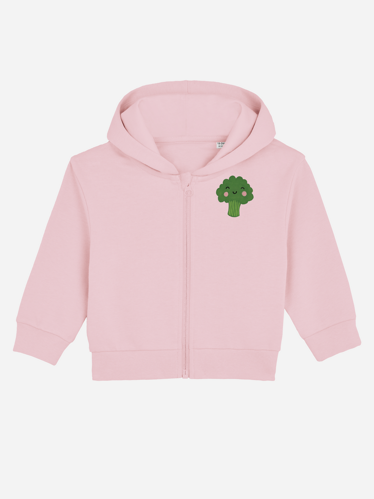 Personalisierbare Bio-Sweatjacke (0–3 J.) 'Brokkoli' in rosa mit grünem Brokkoli-Motiv.