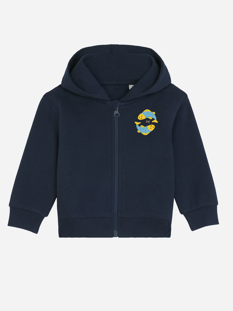 Geschenk zum 2. Geburtstag für Mädchen und Jungen: Personalisierbare Bio-Sweatjacke (0–3 J.) 'Sternzeichen Fische', Frontansicht in Dunkelblau