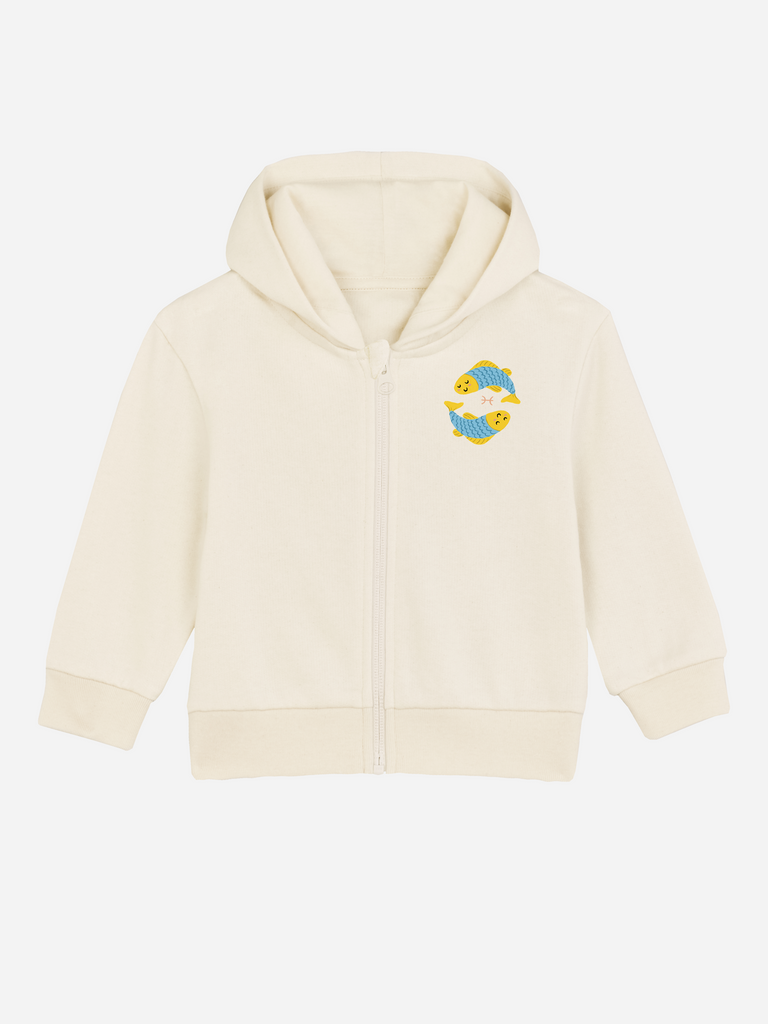 Geschenk zum 2. Geburtstag für Mädchen und Jungen: Personalisierbare Bio-Sweatjacke (0–3 J.) 'Sternzeichen Fische', Frontansicht in Beige