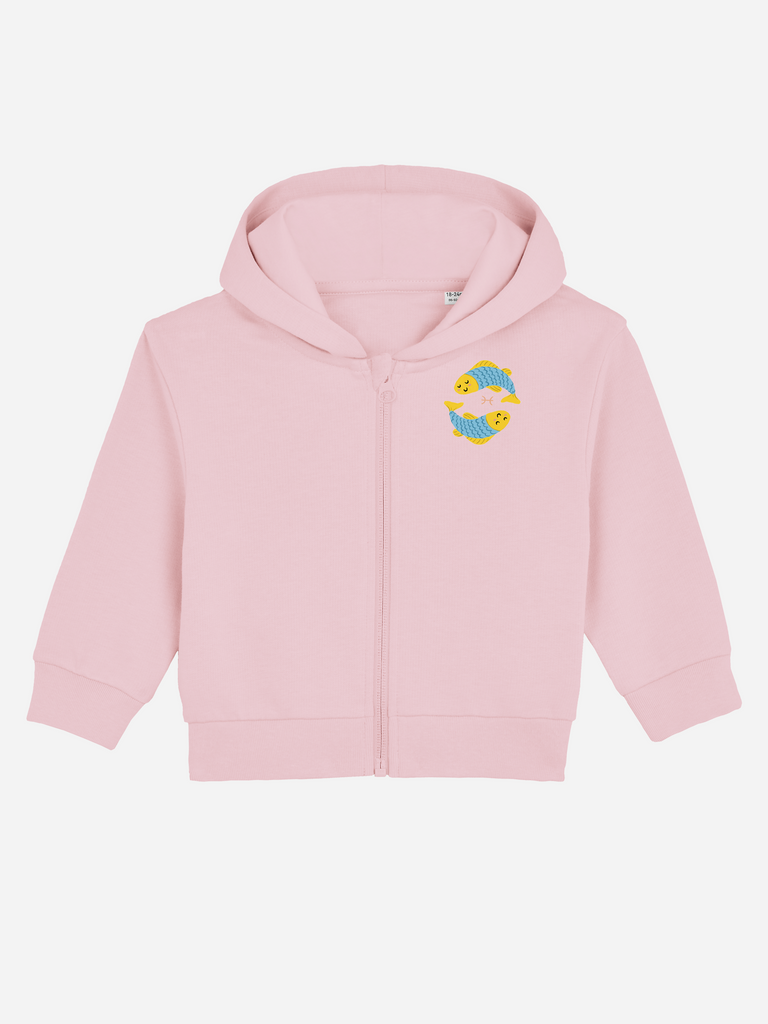 Geschenk zum 2. Geburtstag für Mädchen und Jungen: Personalisierbare Bio-Sweatjacke (0–3 J.) 'Sternzeichen Fische', Frontansicht in Rosa