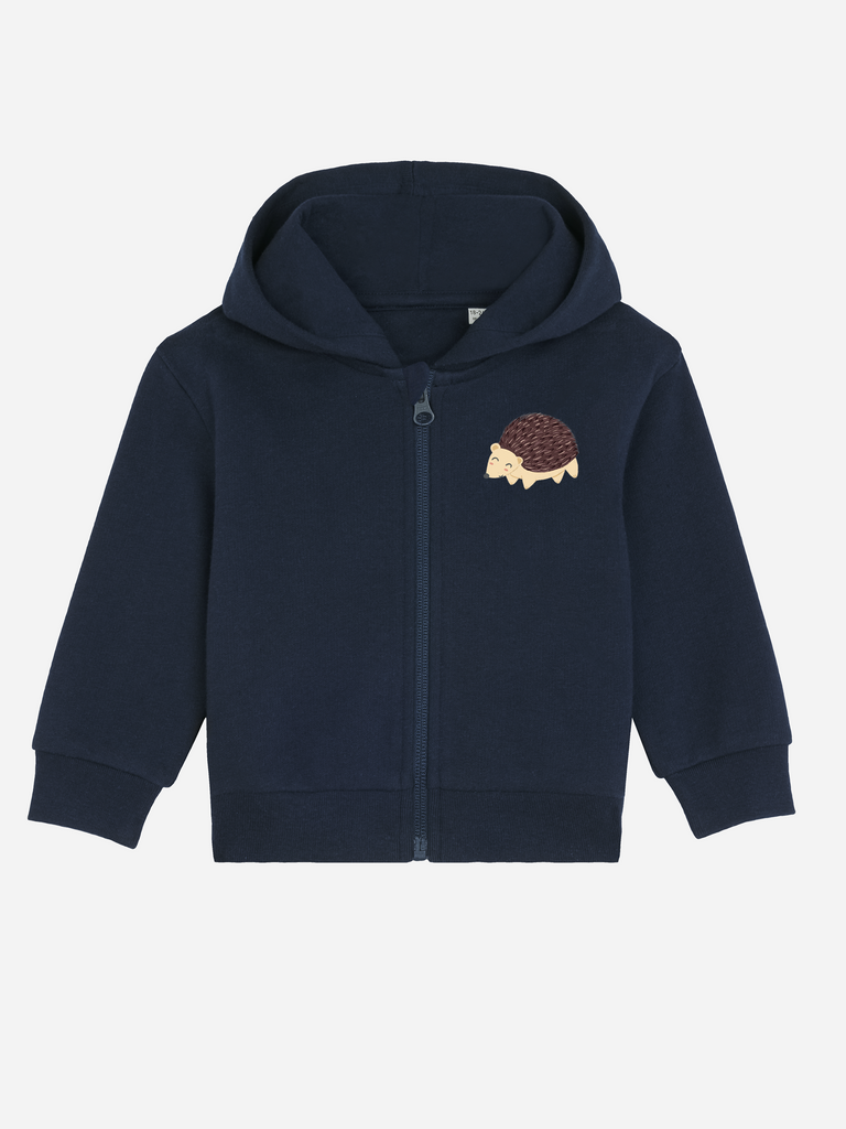 Personalisierbare Bio-Sweatjacke für Babys mit Igel-Motiv in marineblau, ideal für Jungen oder Mädchen.