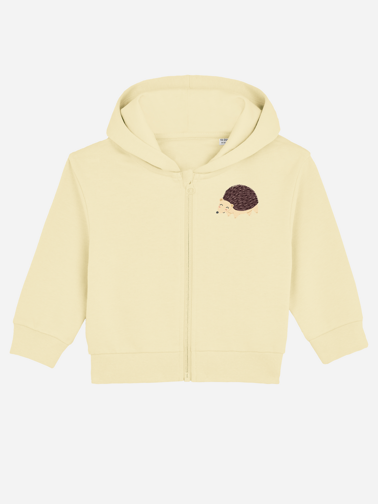 Personalisierbare Bio-Sweatjacke für Kinder in Gelb mit Igel-Design, ideal als Baby-Geschenk.