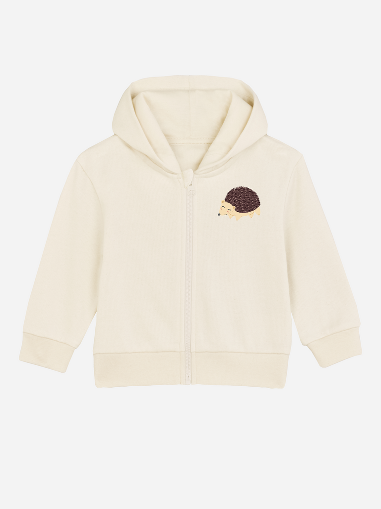 Personalisierbare Bio-Sweatjacke für Babys in Beige mit Igel-Motiv, ideal als Geschenk für Jungen oder Mädchen.