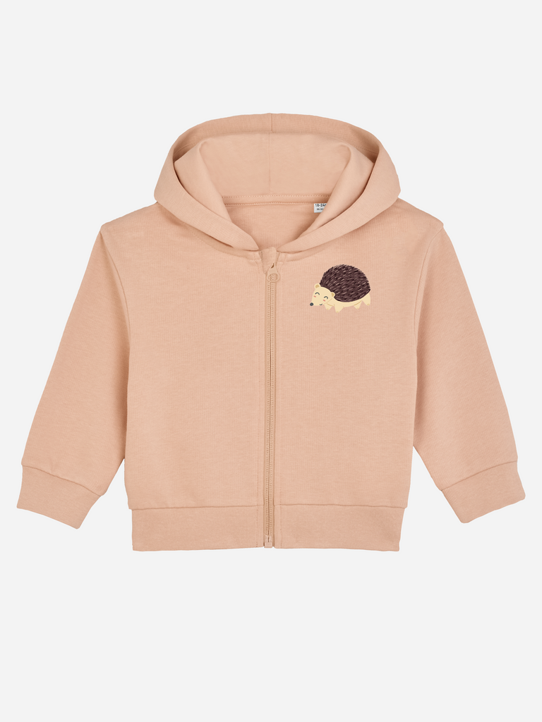 Personalisierbare Bio-Sweatjacke in Pfirsich mit Igel-Motiv für Babys, ideal als Geschenk für Jungen oder Mädchen.