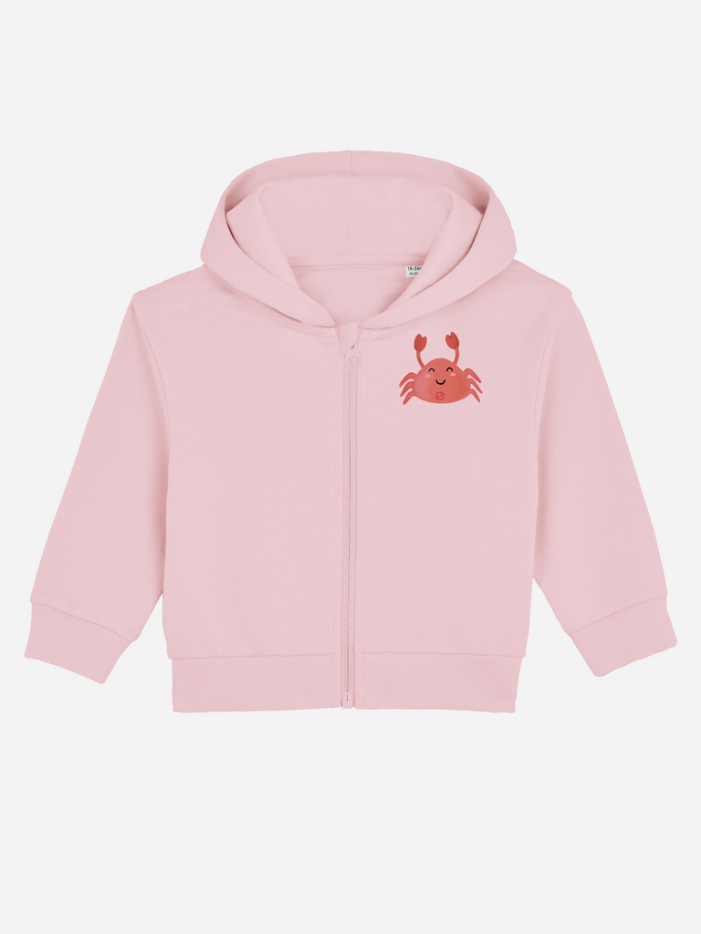 Individuelles Geschenk zum 2. Geburtstag: Personalisierbare Bio-Sweatjacke (0–3 J.) 'Sternzeichen Krebs', Frontansicht in Rosa