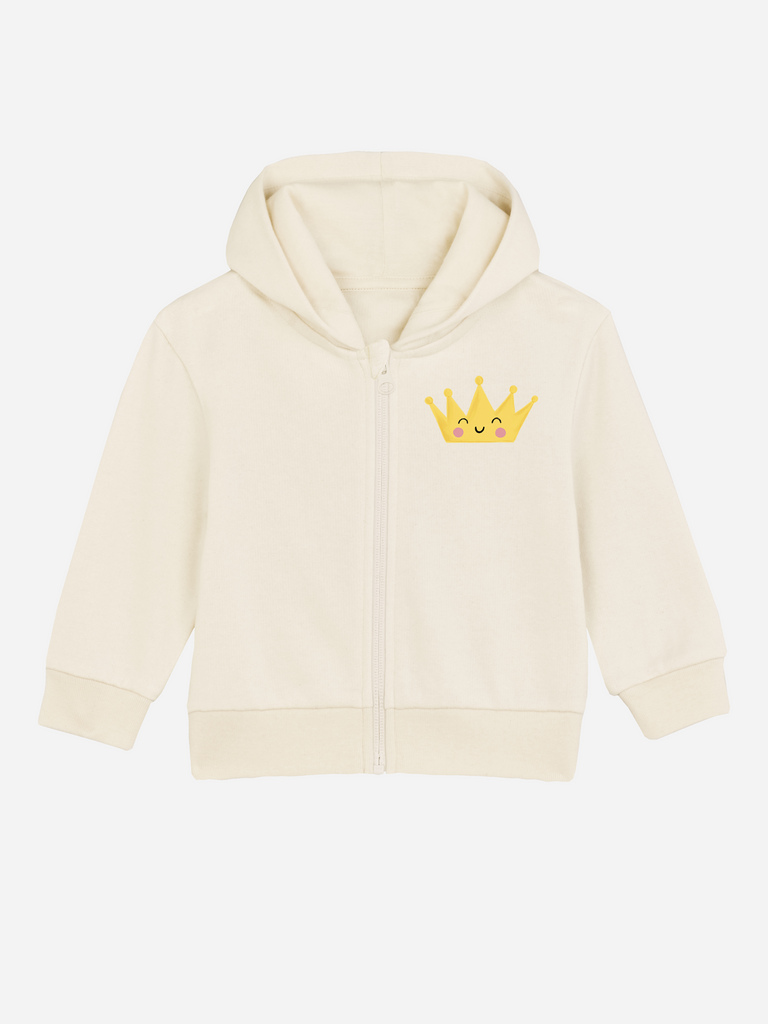 Personalisierbare Bio-Sweatjacke für Neugeborene mit gelber Krone, ideal als kreatives Geschenk.