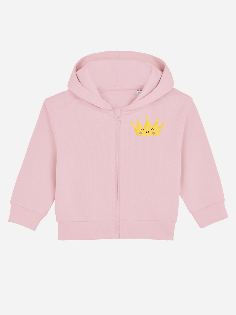 Personalisierbare rosa Bio-Sweatjacke für Neugeborene mit gelber Krone, ideal als kreatives Geschenk.