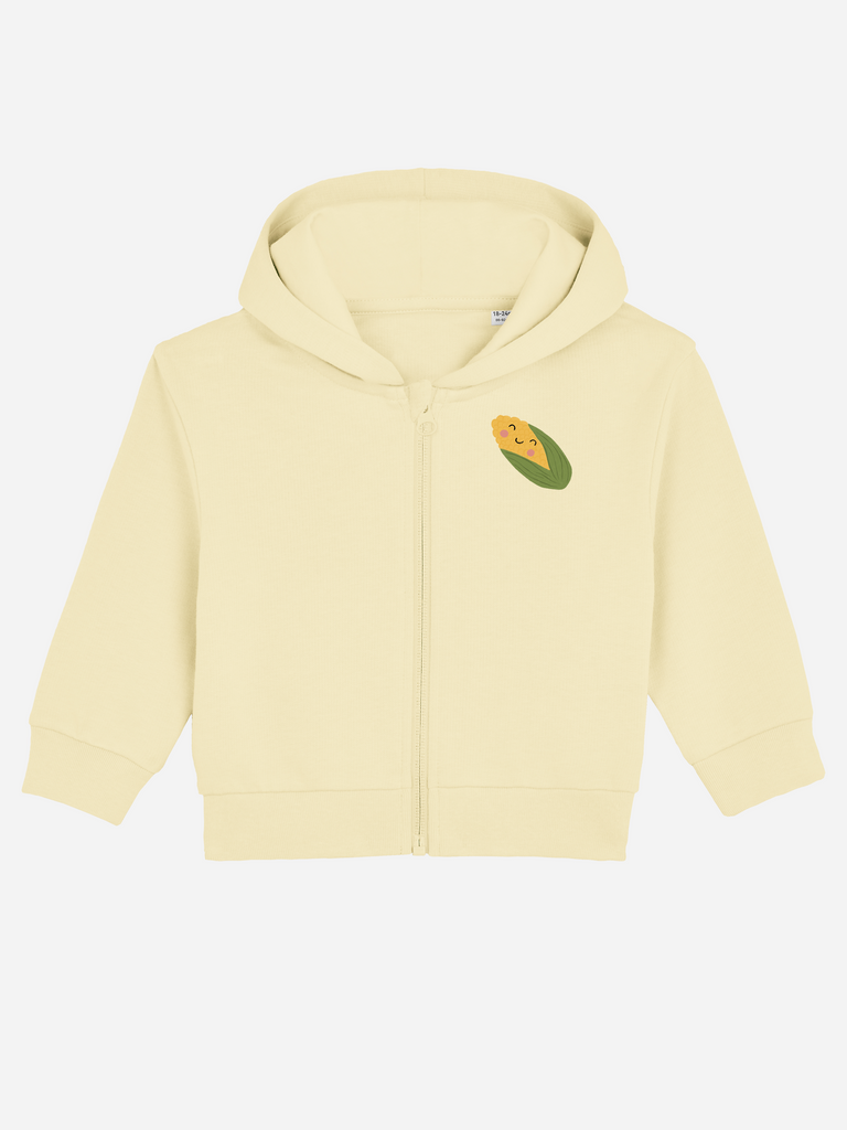 Personalisierte Babykleidung: Personalisierbare Bio-Sweatjacke (0–3 J.) 'Mais', Frontansicht in Gelb