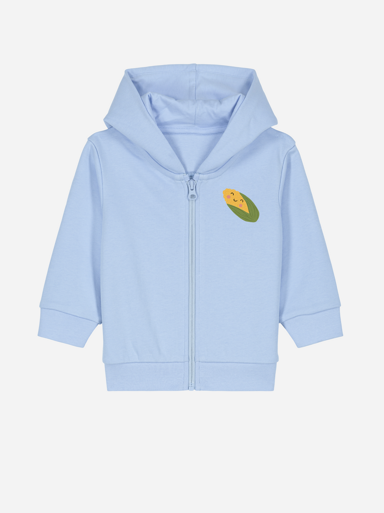 Personalisierte Babykleidung: Personalisierbare Bio-Sweatjacke (0–3 J.) 'Mais', Frontansicht in Hellblau