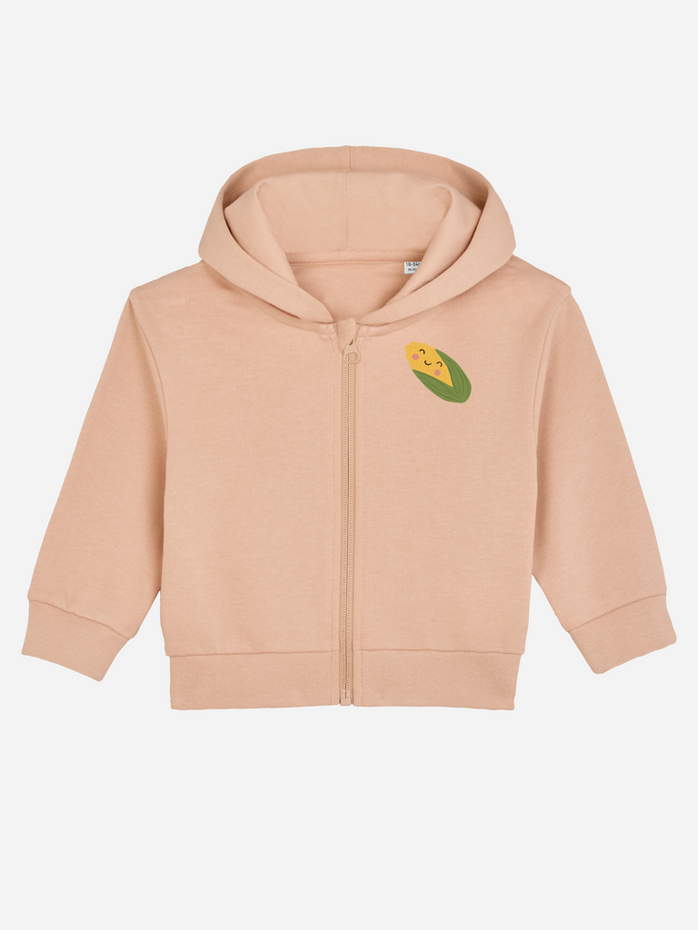 Personalisierte Babykleidung: Personalisierbare Bio-Sweatjacke (0–3 J.) 'Mais', Frontansicht in Orange