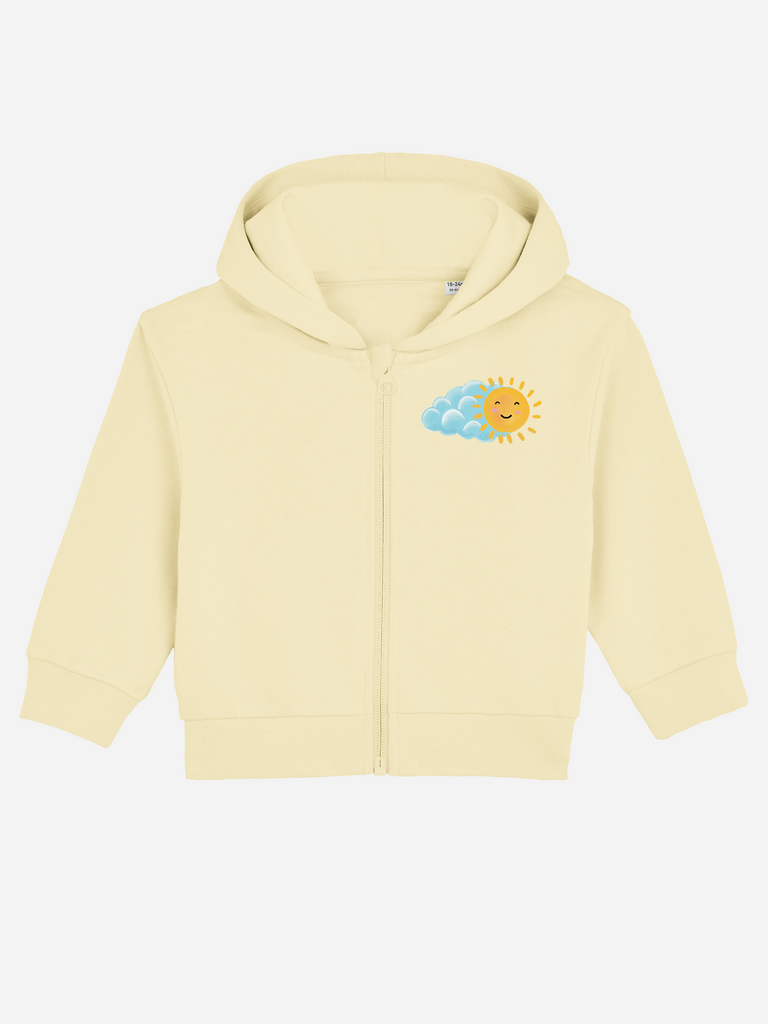Fürs Patenkind zur Taufe: Personalisierbare Bio-Sweatjacke (0–3 J.) 'Sonne', Frontansicht in Gelb