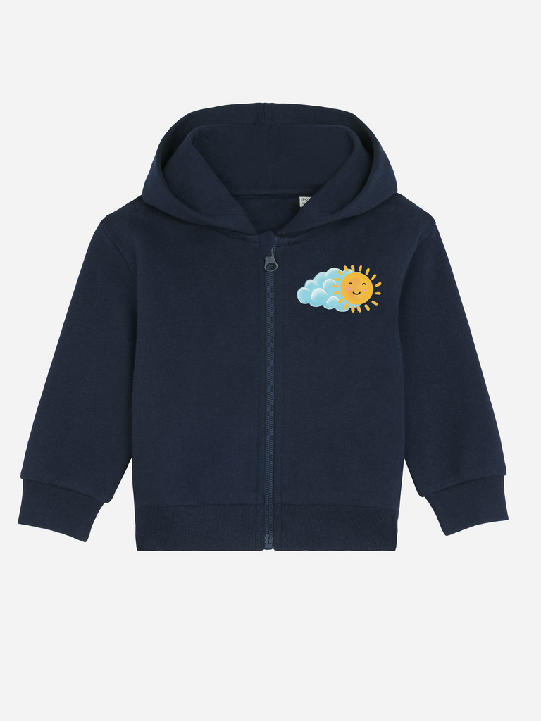 Fürs Patenkind zur Taufe: Personalisierbare Bio-Sweatjacke (0–3 J.) 'Sonne', Frontansicht in Dunkelblau