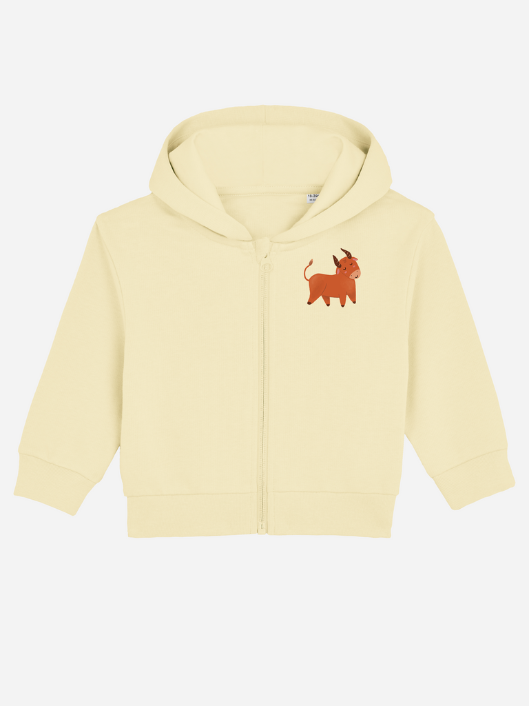 Beliebtes Geschenk zum 1. Geburtstag: Personalisierbare Bio-Sweatjacke (0–3 J.) 'Sternzeichen Stier', Frontansicht in Gelb