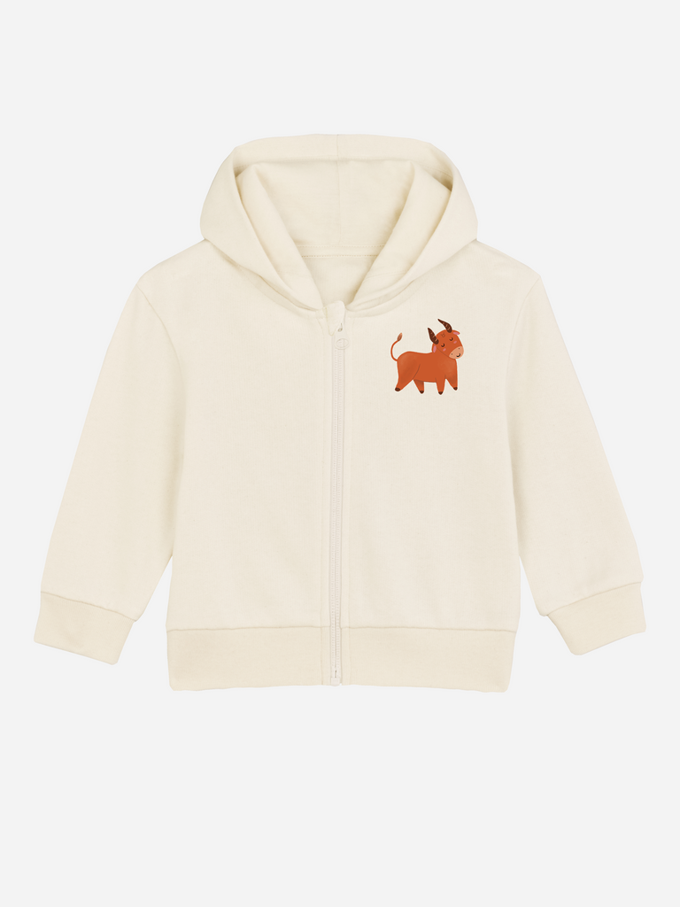Beliebtes Geschenk zum 1. Geburtstag: Personalisierbare Bio-Sweatjacke (0–3 J.) 'Sternzeichen Stier', Frontansicht in Beige