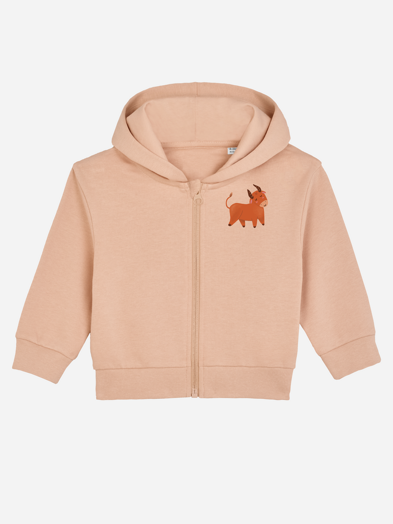 Beliebtes Geschenk zum 1. Geburtstag: Personalisierbare Bio-Sweatjacke (0–3 J.) 'Sternzeichen Stier', Frontansicht in Orange