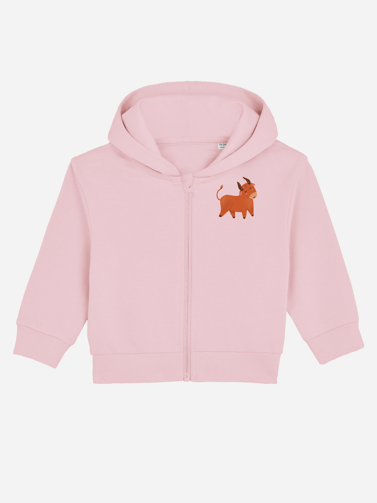 Beliebtes Geschenk zum 1. Geburtstag: Personalisierbare Bio-Sweatjacke (0–3 J.) 'Sternzeichen Stier', Frontansicht in Rosa