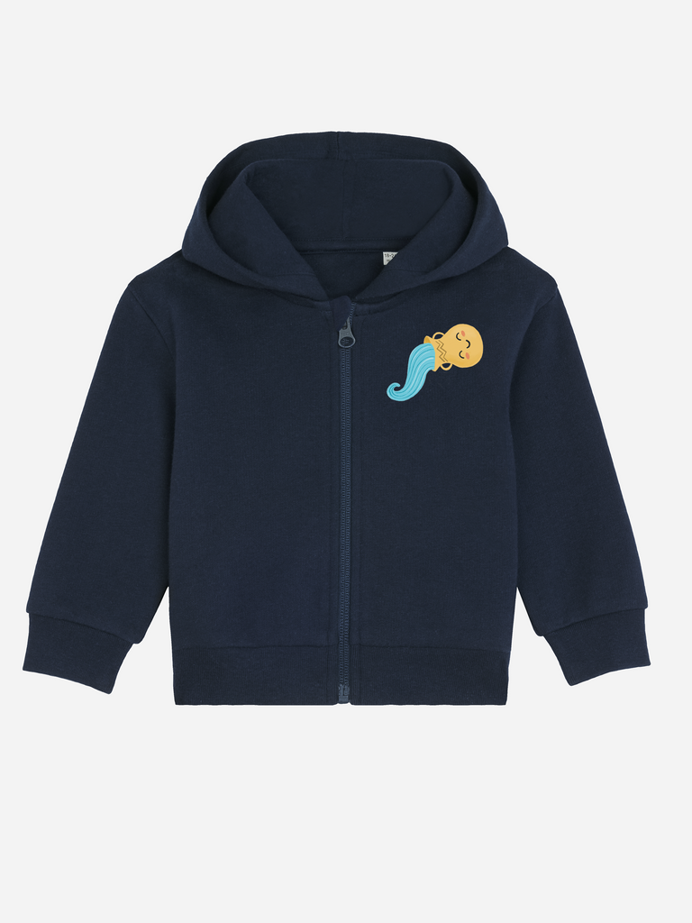 Sinnvolles Geschenk zum 3. Geburtstag: Personalisierbare Bio-Sweatjacke (0–3 J.) 'Sternzeichen Wassermann', Frontansicht in Dunkelblau