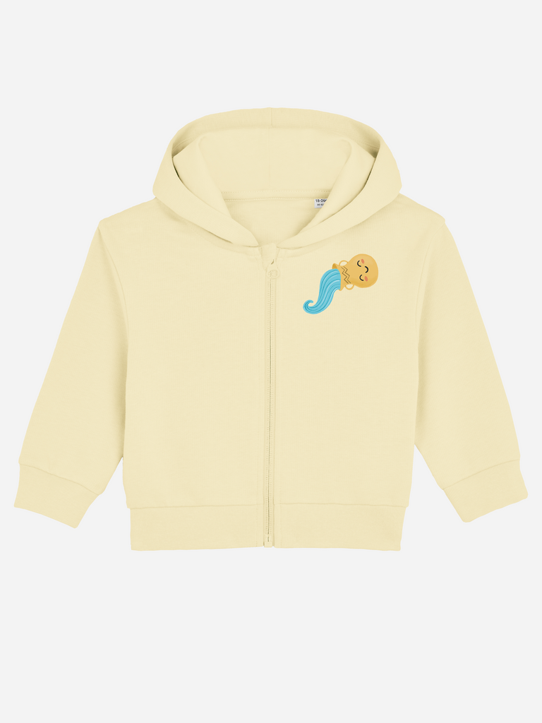 Sinnvolles Geschenk zum 3. Geburtstag: Personalisierbare Bio-Sweatjacke (0–3 J.) 'Sternzeichen Wassermann', Frontansicht in Gelb