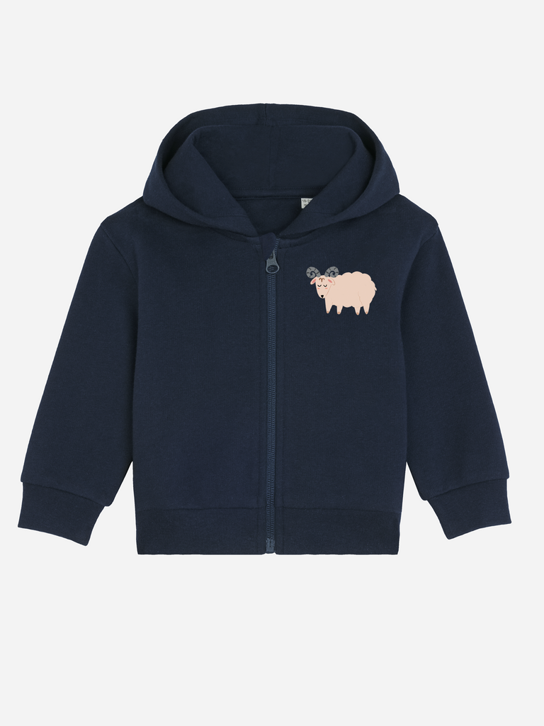 Babykleidung zum 2. Geburtstag: Personalisierbare Bio-Sweatjacke (0–3 J.) 'Sternzeichen Widder', Frontansicht in Dunkelblau