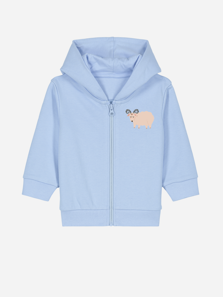 Babykleidung zum 2. Geburtstag: Personalisierbare Bio-Sweatjacke (0–3 J.) 'Sternzeichen Widder', Frontansicht in Hellblau