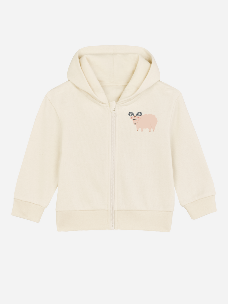 Babykleidung zum 2. Geburtstag: Personalisierbare Bio-Sweatjacke (0–3 J.) 'Sternzeichen Widder', Frontansicht in Beige