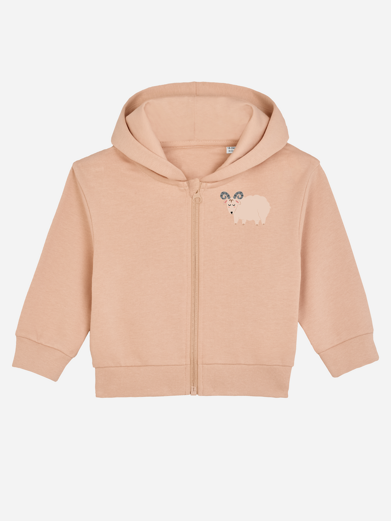 Babykleidung zum 2. Geburtstag: Personalisierbare Bio-Sweatjacke (0–3 J.) 'Sternzeichen Widder', Frontansicht in Orange