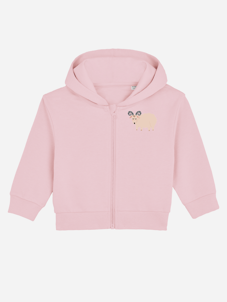 Babykleidung zum 2. Geburtstag: Personalisierbare Bio-Sweatjacke (0–3 J.) 'Sternzeichen Widder', Frontansicht in Rosa