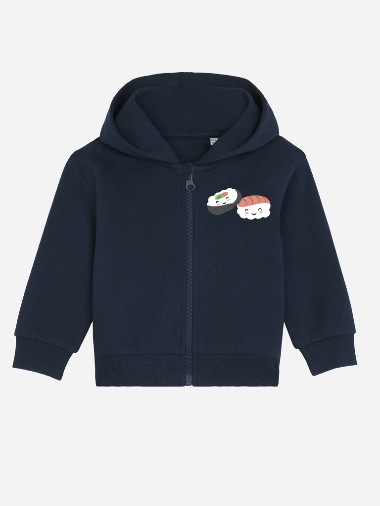 Baby-Erstausstattung im Sommer: Personalisierbare Bio-Sweatjacke (0–3 J.) 'Sushi', Frontansicht in Dunkelblau