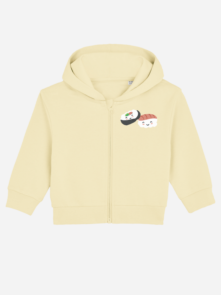 Baby-Erstausstattung im Sommer: Personalisierbare Bio-Sweatjacke (0–3 J.) 'Sushi', Frontansicht in Gelb