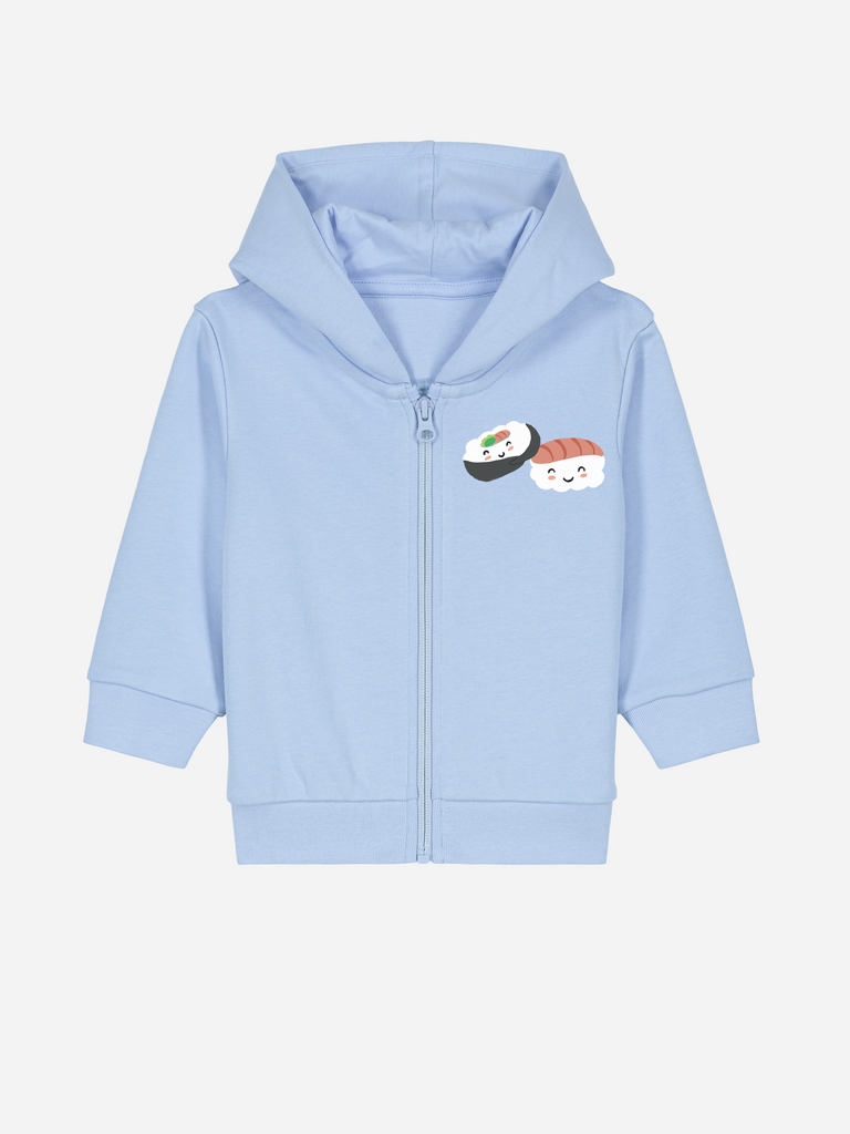 Baby-Erstausstattung im Sommer: Personalisierbare Bio-Sweatjacke (0–3 J.) 'Sushi', Frontansicht in Hellblau