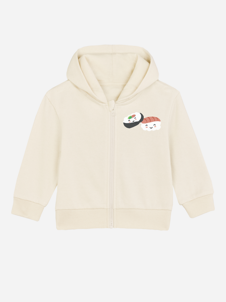 Baby-Erstausstattung im Sommer: Personalisierbare Bio-Sweatjacke (0–3 J.) 'Sushi', Frontansicht in Beige