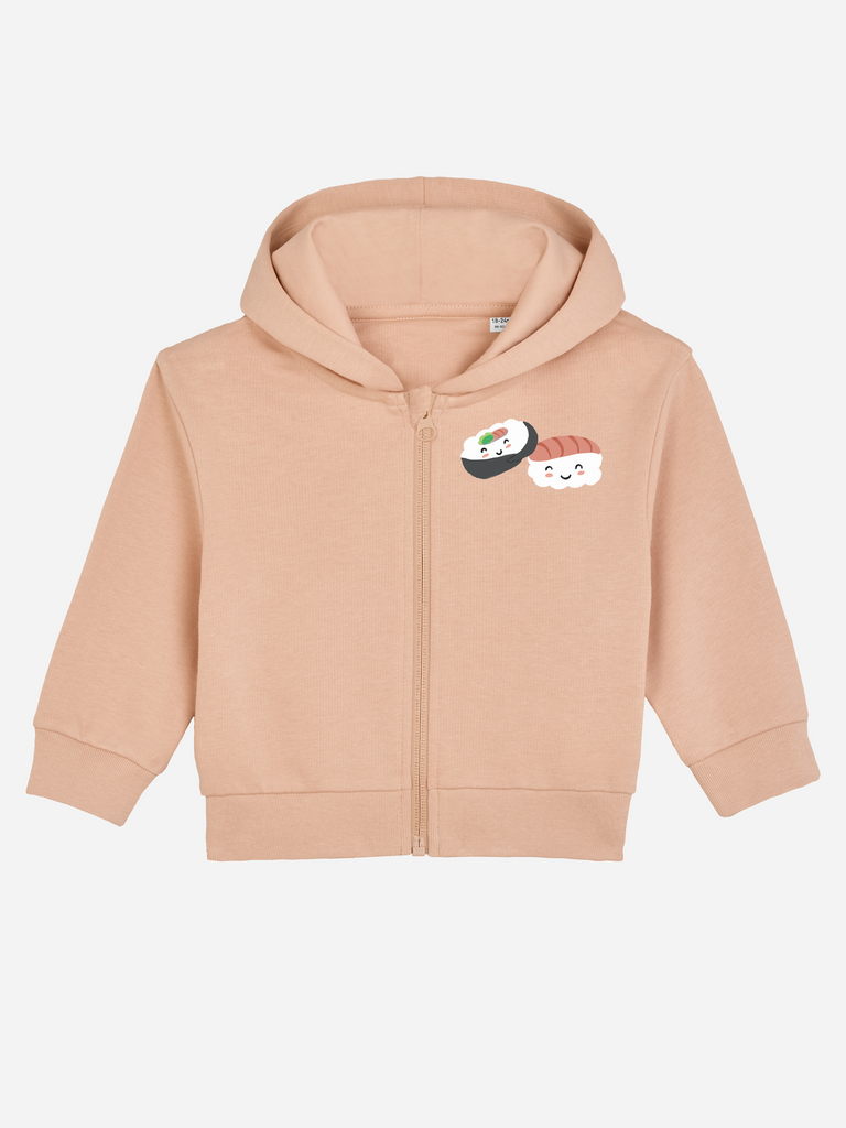 Baby-Erstausstattung im Sommer: Personalisierbare Bio-Sweatjacke (0–3 J.) 'Sushi', Frontansicht in Orange