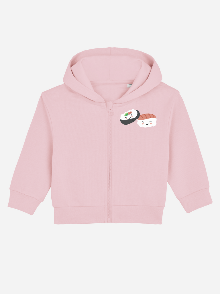 Baby-Erstausstattung im Sommer: Personalisierbare Bio-Sweatjacke (0–3 J.) 'Sushi', Frontansicht in Rosa
