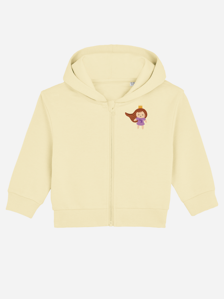Besonderes Geschenk zum 2. Geburtstag: Personalisierbare Bio-Sweatjacke (0–3 J.) 'Sternzeichen Jungfrau', Frontansicht in Gelb