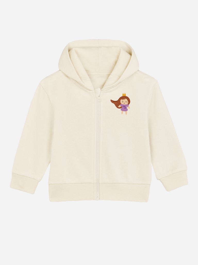 Besonderes Geschenk zum 2. Geburtstag: Personalisierbare Bio-Sweatjacke (0–3 J.) 'Sternzeichen Jungfrau', Frontansicht in Beige