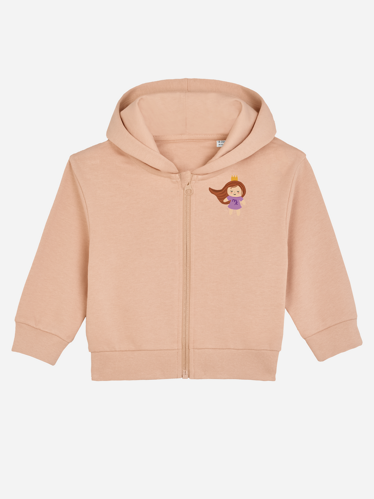 Besonderes Geschenk zum 2. Geburtstag: Personalisierbare Bio-Sweatjacke (0–3 J.) 'Sternzeichen Jungfrau', Frontansicht in Orange