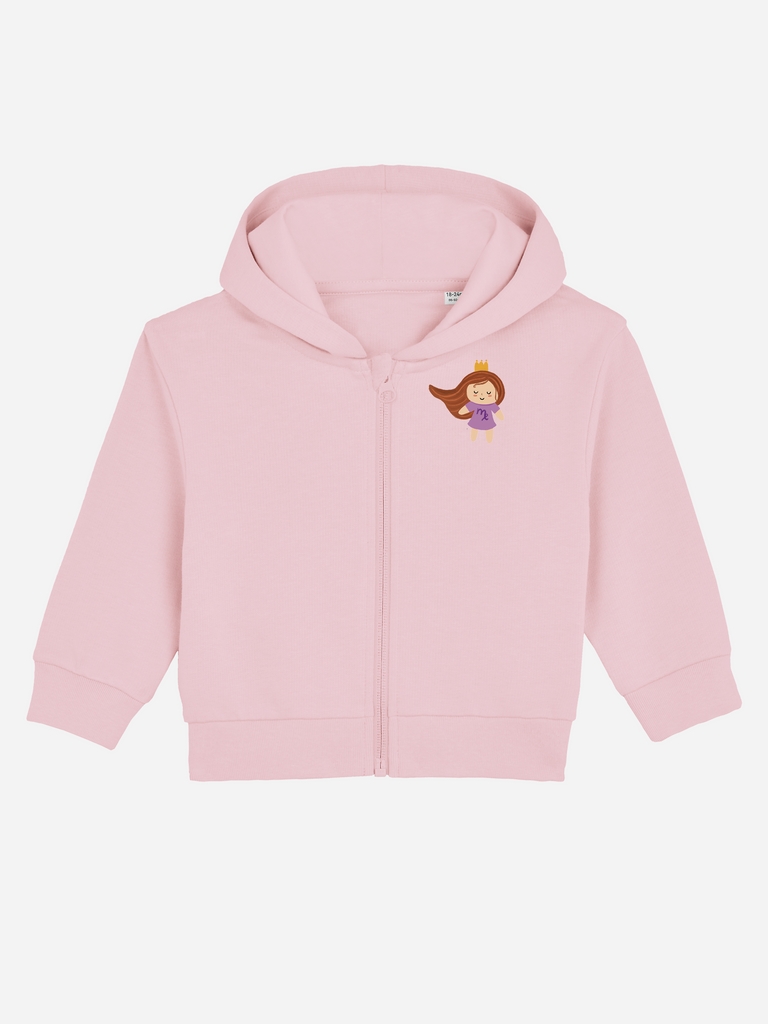 Besonderes Geschenk zum 2. Geburtstag: Personalisierbare Bio-Sweatjacke (0–3 J.) 'Sternzeichen Jungfrau', Frontansicht in Rosa