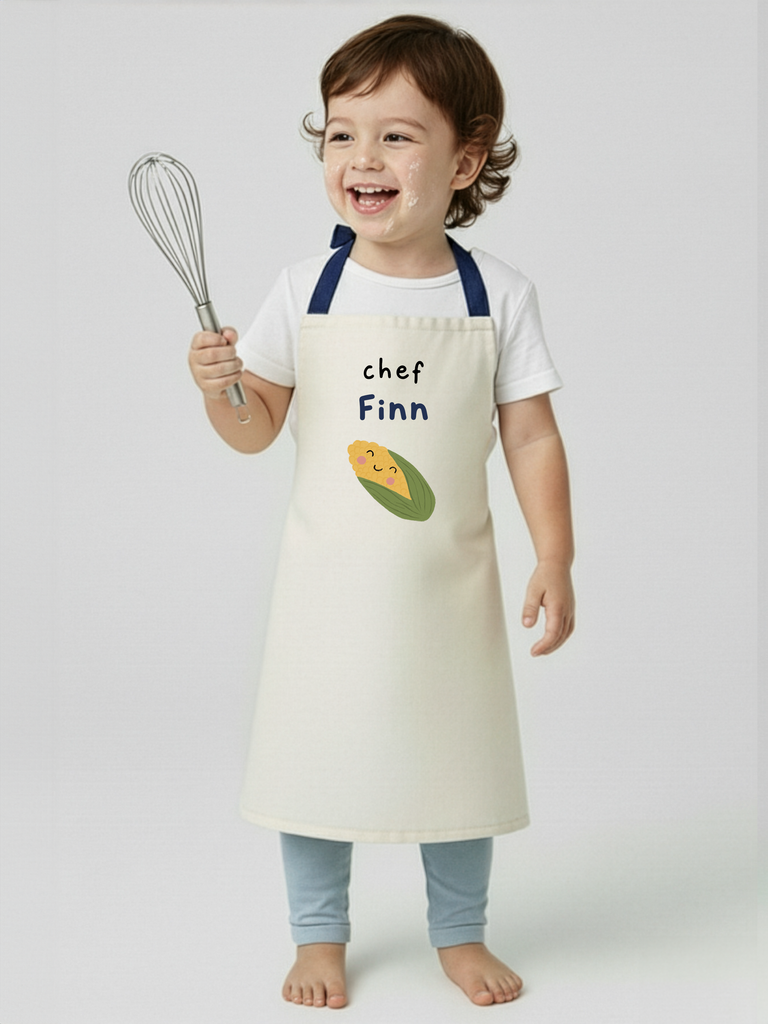 Beliebtes Geschenk zum 4. Geburtstag: Tragebild: Personalisierbare Kinderkochschürze "Mais"  in 8 Farben erhältlich bei Liebe & Geschenke.
